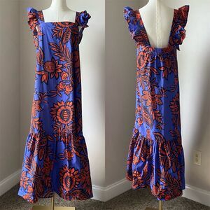 Anthropologie Corey Lynn Calter Cotton Ruffle Maxi Tropical Floral Dress Sz L